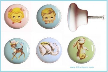 Kast/deurknopjes van living colours met vintage afbeeldingen, diverse uitvoeringen